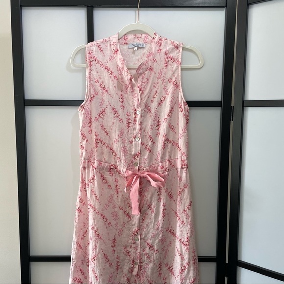 [XS] Allegra Masetti Pink White Cherry Blossom Print Sleeveless 100% Linen Dress - Picture 3 of 12